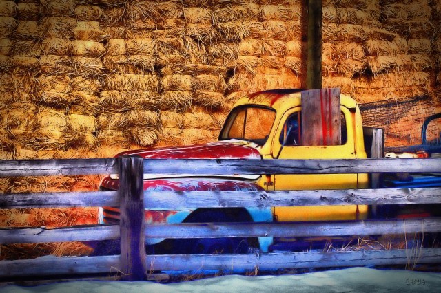 truck hay barn vignette