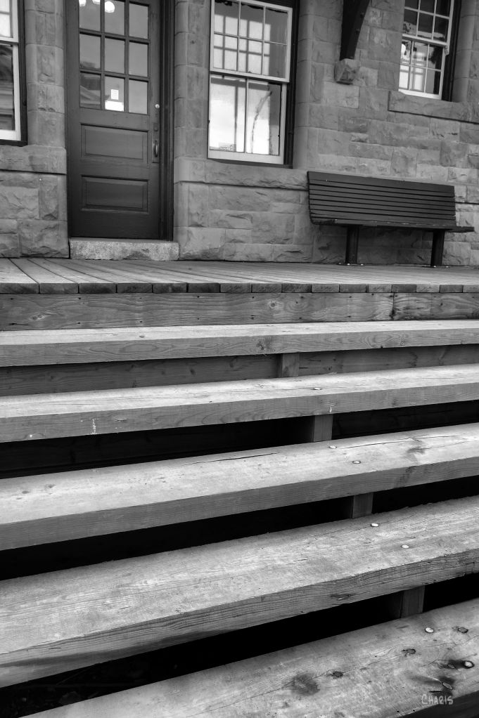 IMG_8638 high river museum bw stairs bench